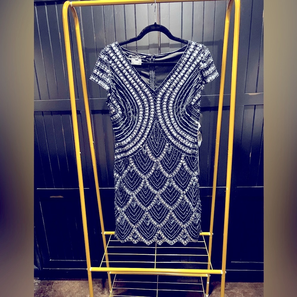 Pisarro Nights Dark Navy and Silver Beaded Mini Dress